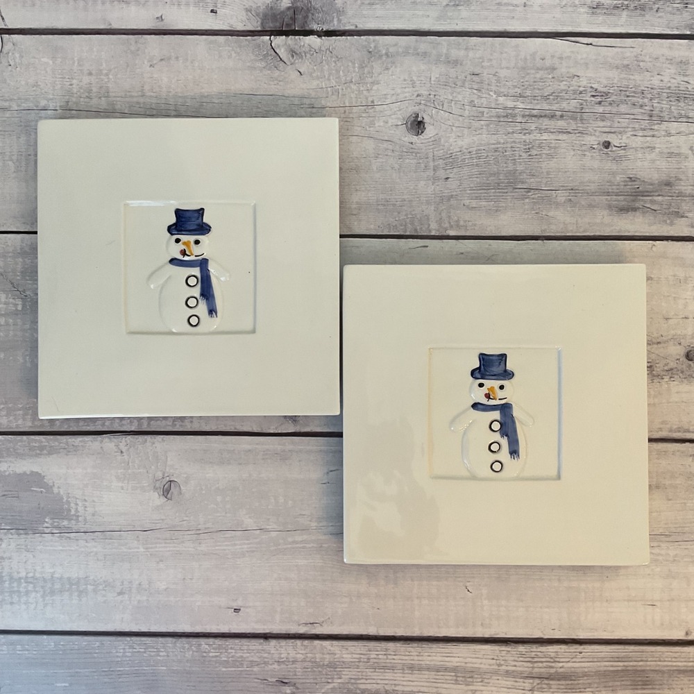 Crate & Barrel Snowman Trivet Set 2 Ceramic 8in Square Italy Stefani Ceramica